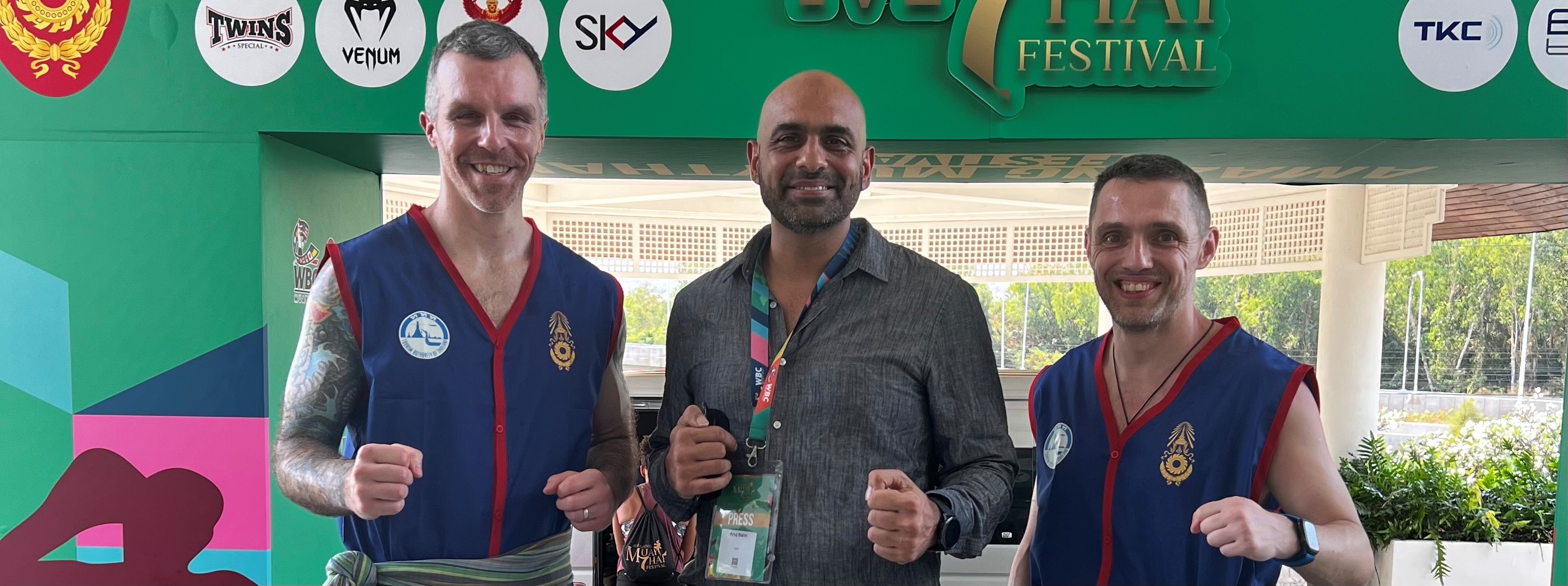 Stuart Tomlinson from Warrior Collective, Anuj bahri the director of MuayThai Holidays and Damian Trainor world champion attending the Wai Kru Ceremony at The Amazing MuayThai Festival in Hua Hin